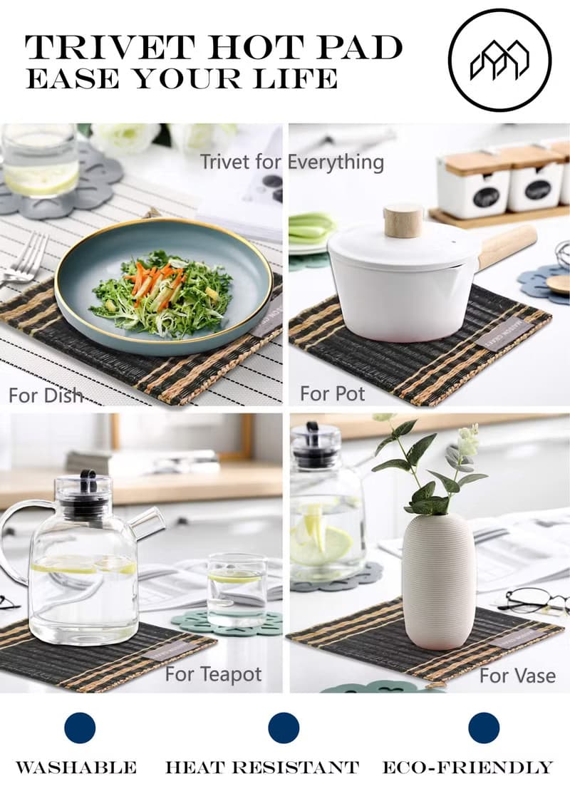Set 8 Blue Green glass coaster Housewarming Gifts, hot pot natural woven trivet
