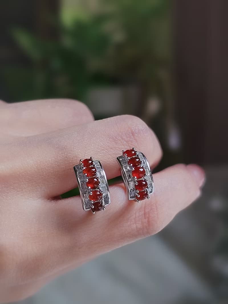 鴻運•姻緣•除穢|無燒冰玻紅|緬甸A貨翡翠純銀多顆豪鑲耳環耳扣