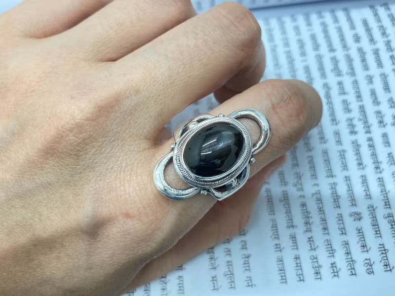 天然 黑曜石 戒指 尼泊爾製 925純銀 手工製