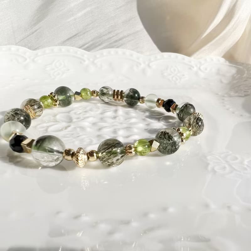 橄欖石 綠幽靈 綠碧髮 葡萄石 黑尖晶 水晶 手鍊 手環