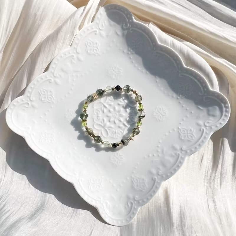 橄欖石 綠幽靈 綠碧髮 葡萄石 黑尖晶 水晶 手鍊 手環