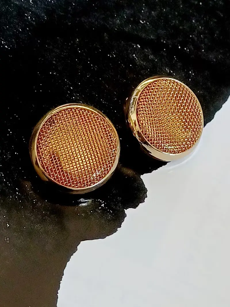 vintage jewelry  古典圓形金色網格狀 夾式耳環