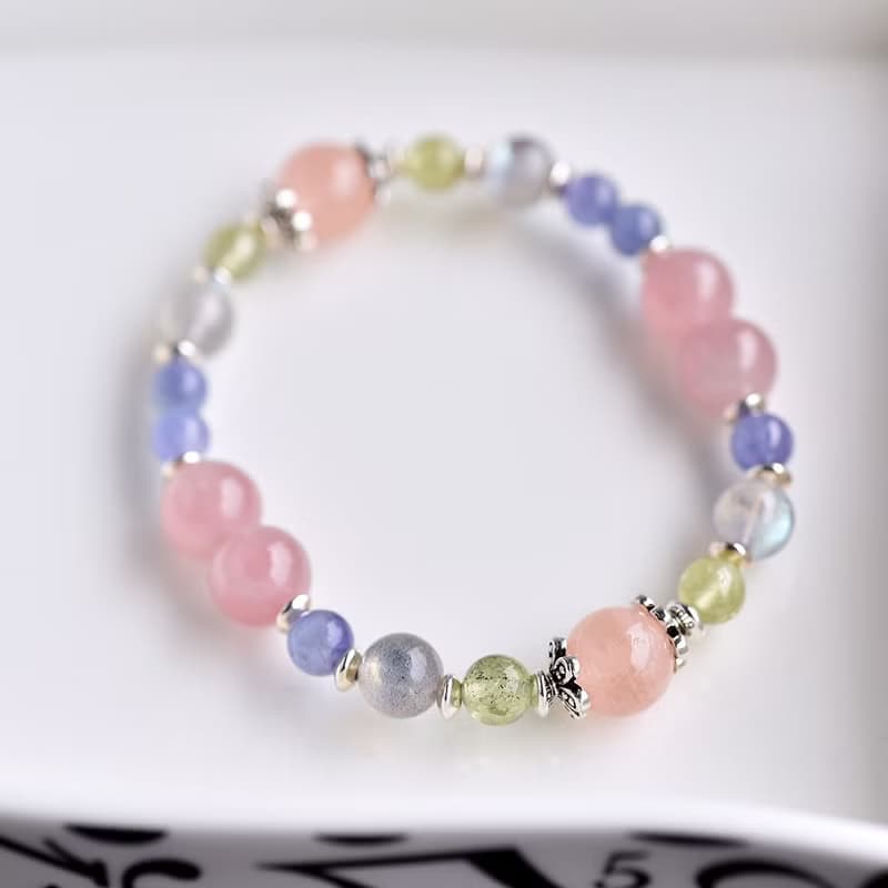 摩根石+丹泉石+拉長石+石榴石+馬島粉晶純銀手鍊