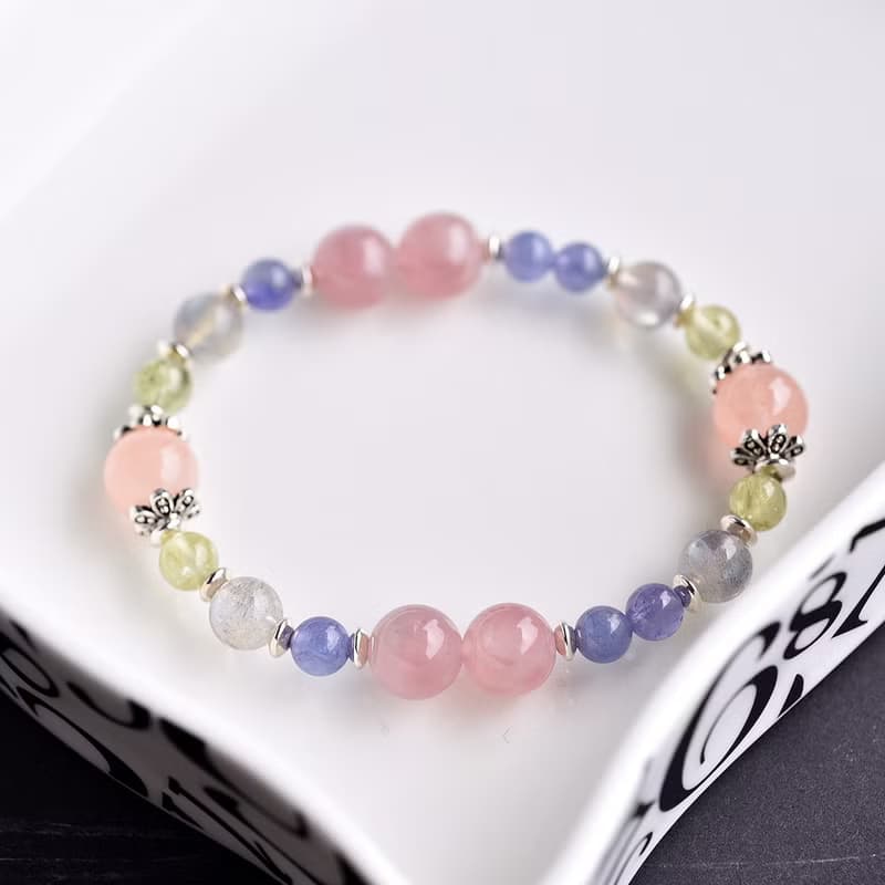 摩根石+丹泉石+拉長石+石榴石+馬島粉晶純銀手鍊