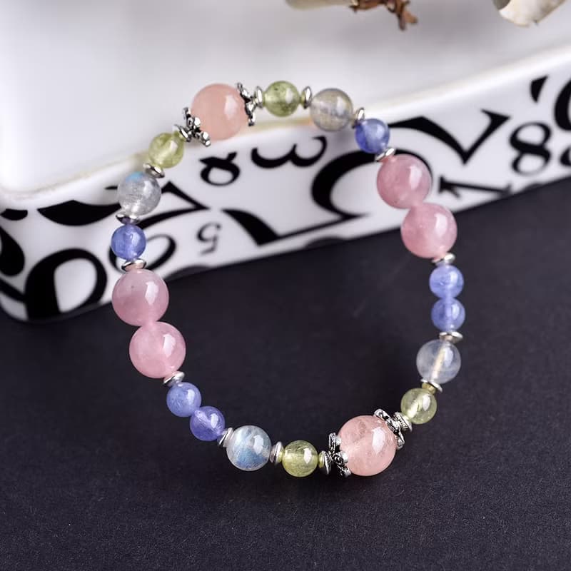 摩根石+丹泉石+拉長石+石榴石+馬島粉晶純銀手鍊