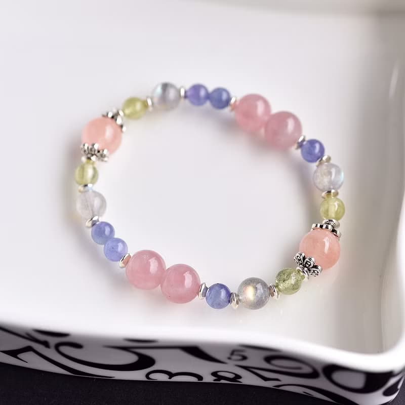 摩根石+丹泉石+拉長石+石榴石+馬島粉晶純銀手鍊