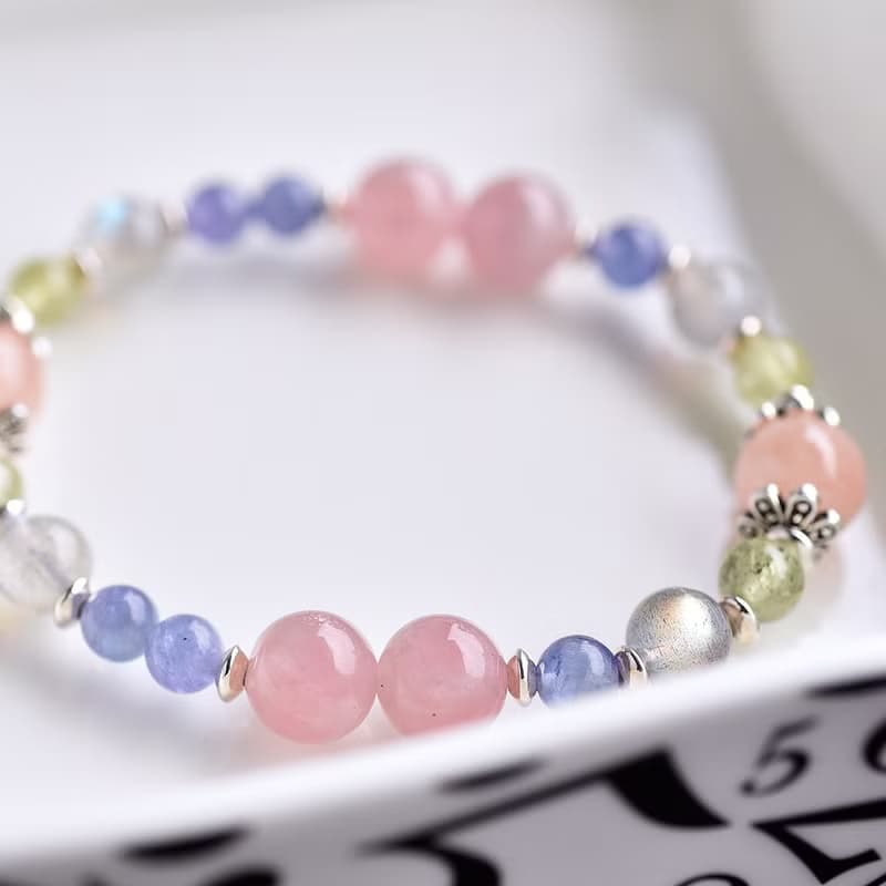 摩根石+丹泉石+拉長石+石榴石+馬島粉晶純銀手鍊