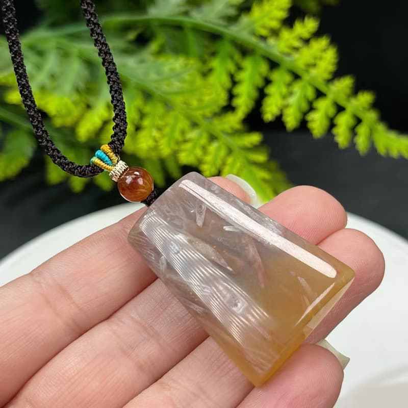 精品珊瑚玉吊墜項錬髪絲料冰潤玉化晶洞糖色梯形無事牌女招財優雅