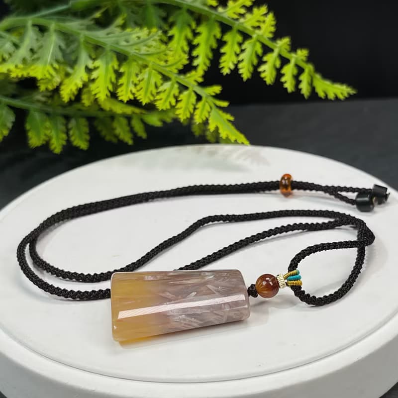 精品珊瑚玉吊墜項錬髪絲料冰潤玉化晶洞糖色梯形無事牌女招財優雅