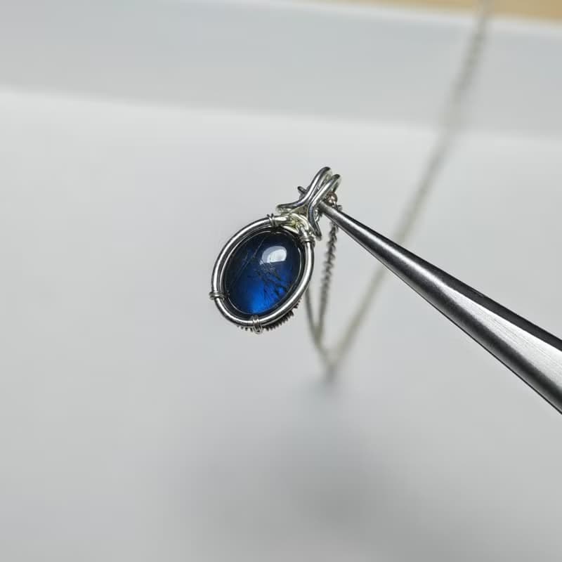 拉長石吊墜 黑色橢圓拉長石項鍊 簡單深藍色拉長石純銀吊墜