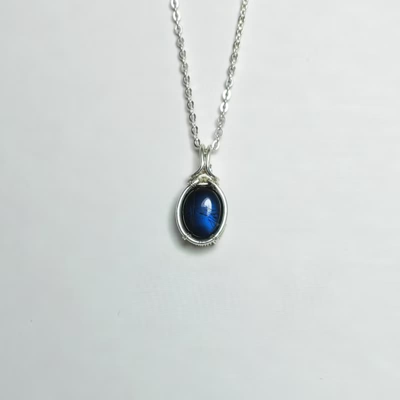 拉長石吊墜 黑色橢圓拉長石項鍊 簡單深藍色拉長石純銀吊墜