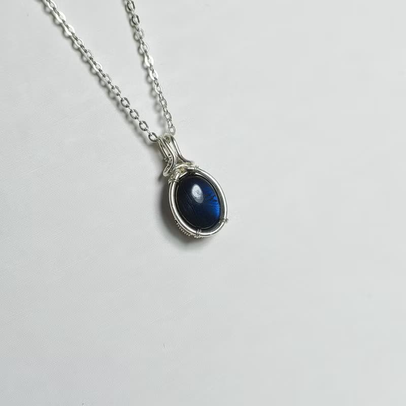 拉長石吊墜 黑色橢圓拉長石項鍊 簡單深藍色拉長石純銀吊墜