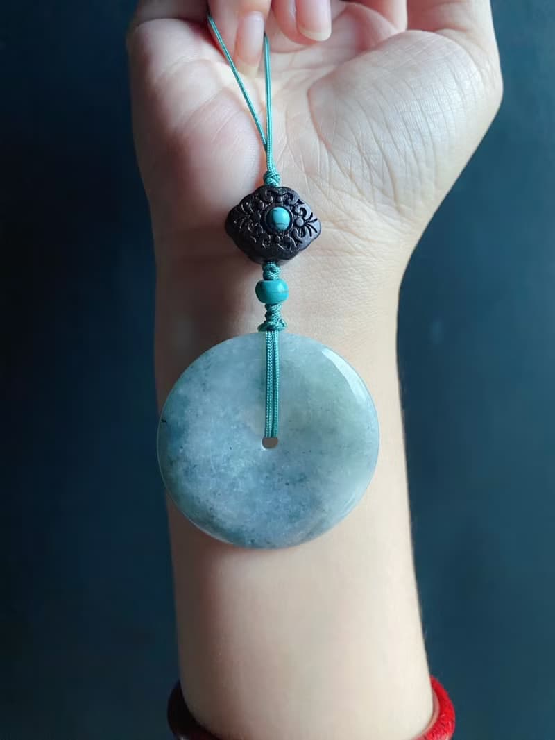 天然緬甸玉翡翠 烏雞 綠底 平安扣 黑檀木 綠松 包掛 手機掛 禮物