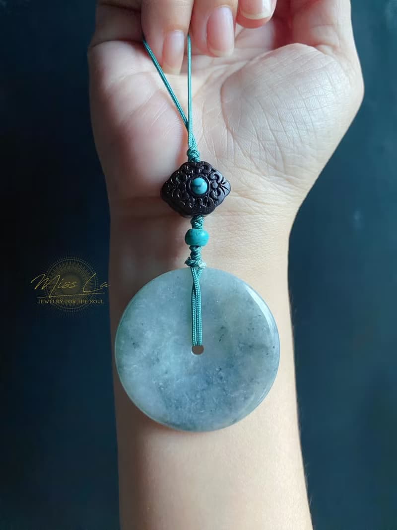 天然緬甸玉翡翠 烏雞 綠底 平安扣 黑檀木 綠松 包掛 手機掛 禮物