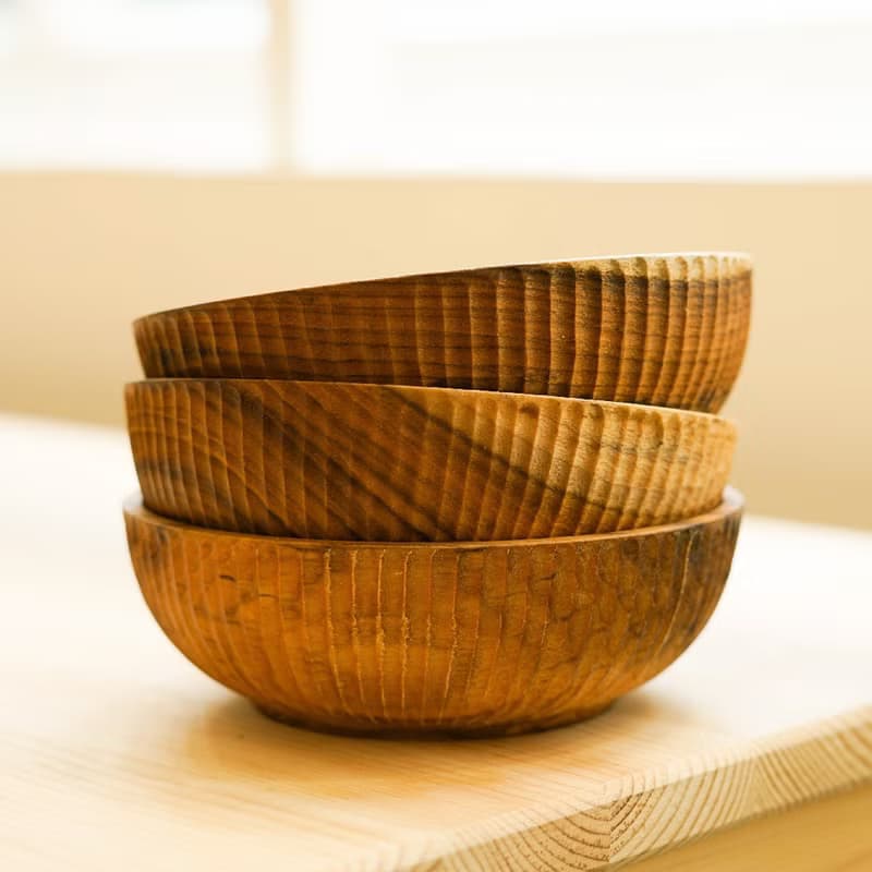 【熱銷】天然柚木碗/碗/飯碗/湯碗-條紋款│食用安心不上漆原木製