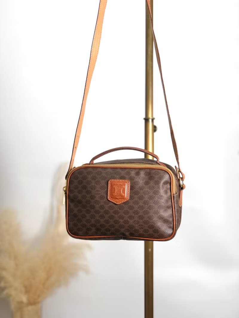 【 日本直送　名牌中古包 】CELINE セリーヌ マカダム ショルダーバッグ ブラウン ブラゾン型押し PVCレザー 2WAY vintage 8rtyi2