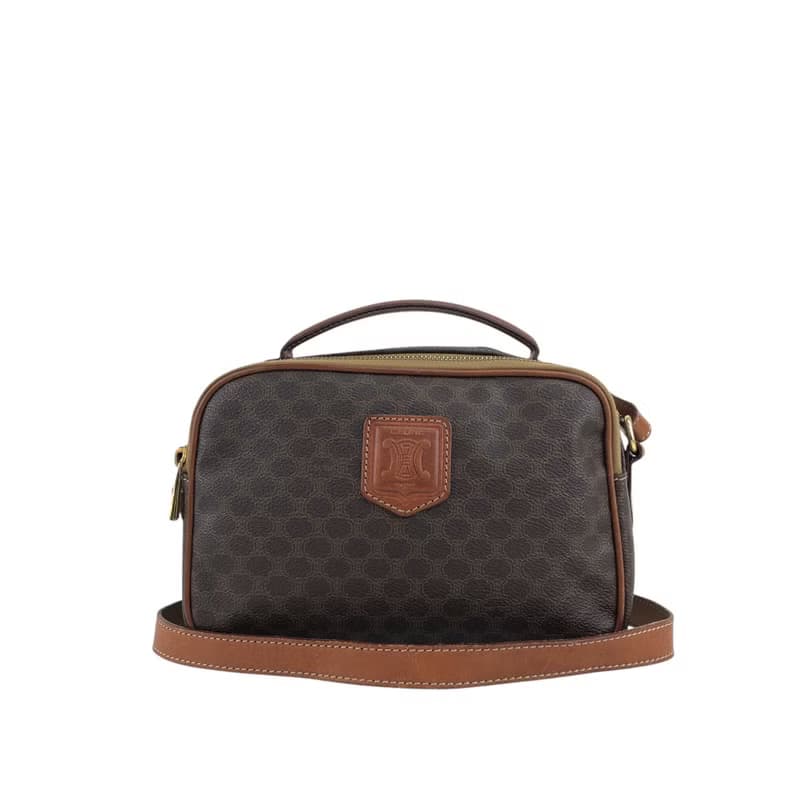 【 日本直送　名牌中古包 】CELINE セリーヌ マカダム ショルダーバッグ ブラウン ブラゾン型押し PVCレザー 2WAY vintage 8rtyi2