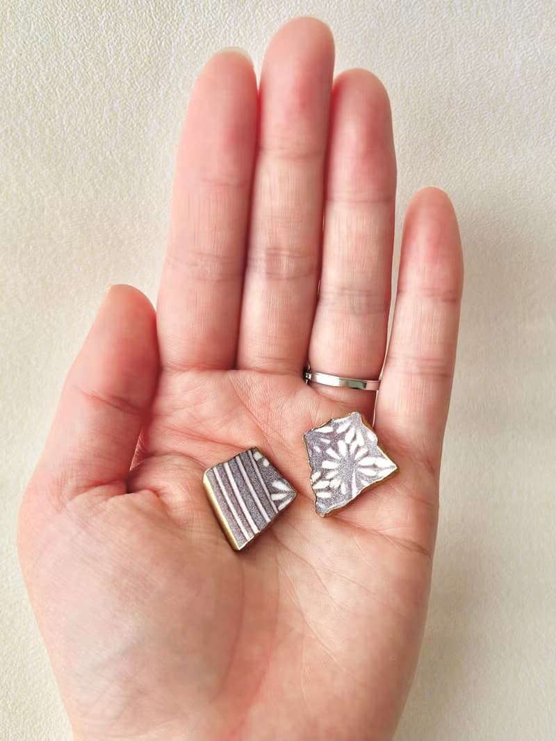 【金具が選べる】京焼　金継ぎ　ピアス　イヤリング　紫　花柄　伝統工芸　No.171