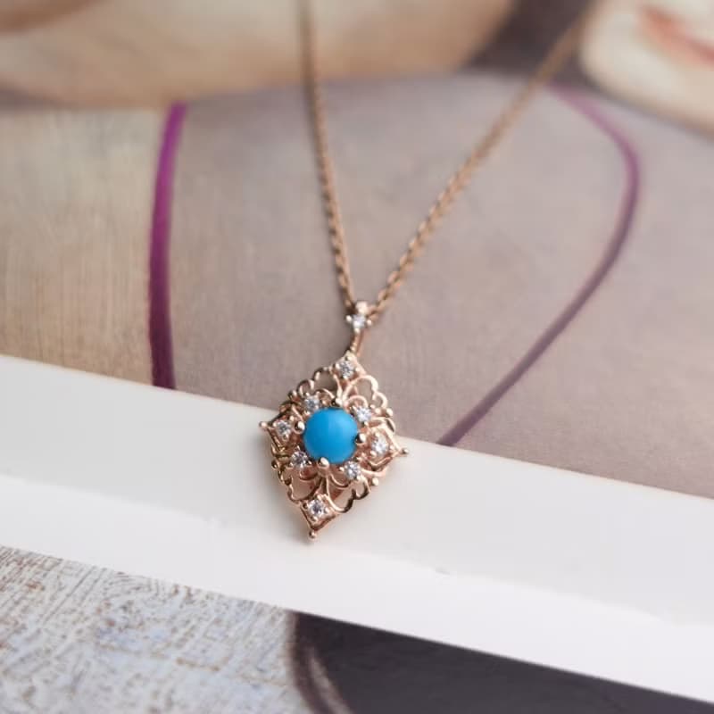 精靈能量綠松石 土耳其石 宮廷風設計 柔美玫瑰金 純銀項鍊 禮物