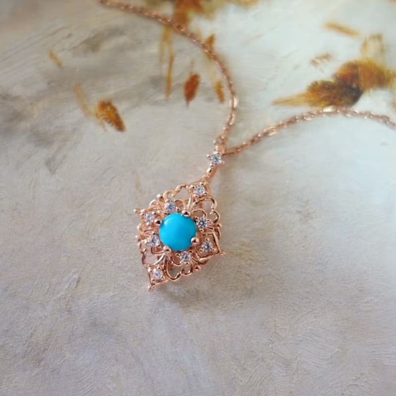 精靈能量綠松石 土耳其石 宮廷風設計 柔美玫瑰金 純銀項鍊 禮物