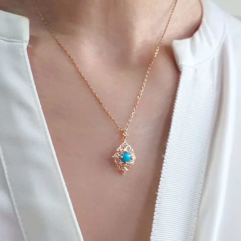 精靈能量綠松石 土耳其石 宮廷風設計 柔美玫瑰金 純銀項鍊 禮物