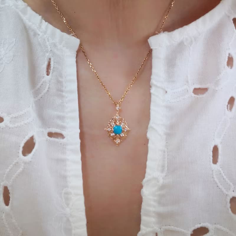 精靈能量綠松石 土耳其石 宮廷風設計 柔美玫瑰金 純銀項鍊 禮物