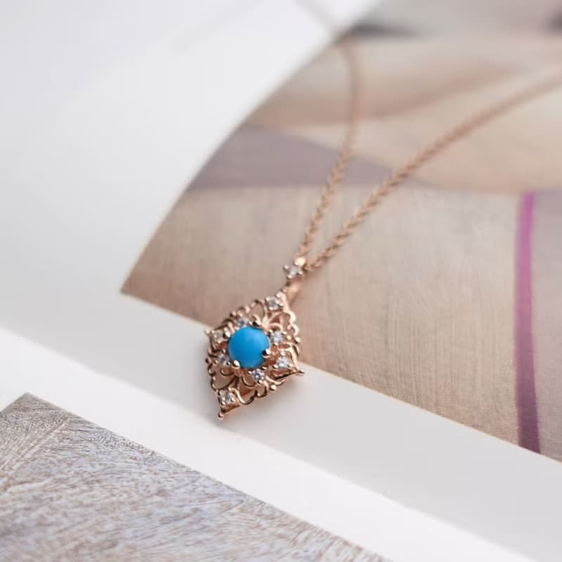 精靈能量綠松石 土耳其石 宮廷風設計 柔美玫瑰金 純銀項鍊 禮物