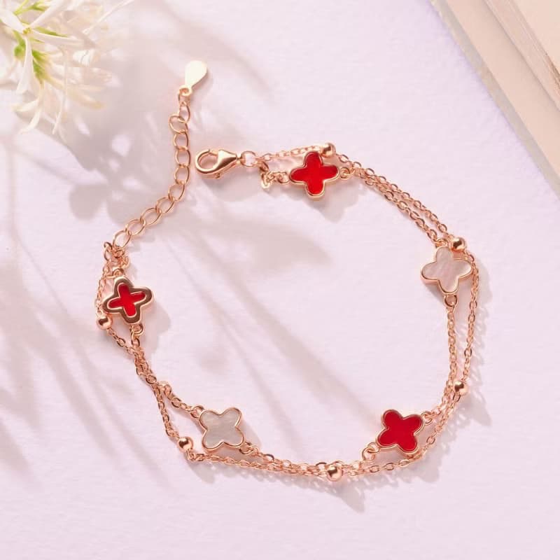 【925純銀】紅瑪瑙 貝母石 雙層四葉草 水晶手鍊