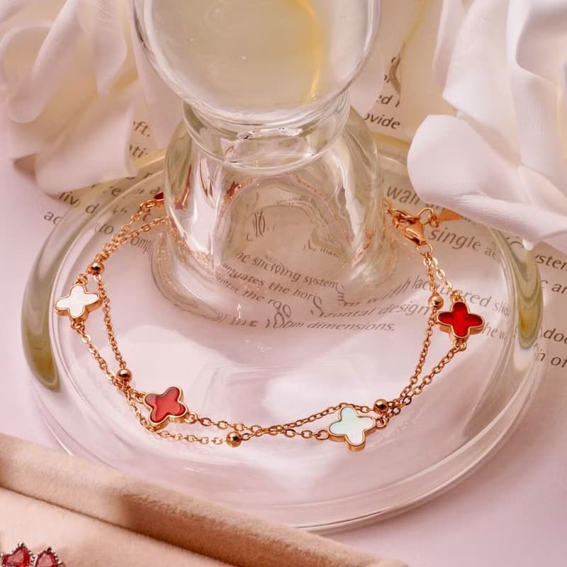 【925純銀】紅瑪瑙 貝母石 雙層四葉草 水晶手鍊