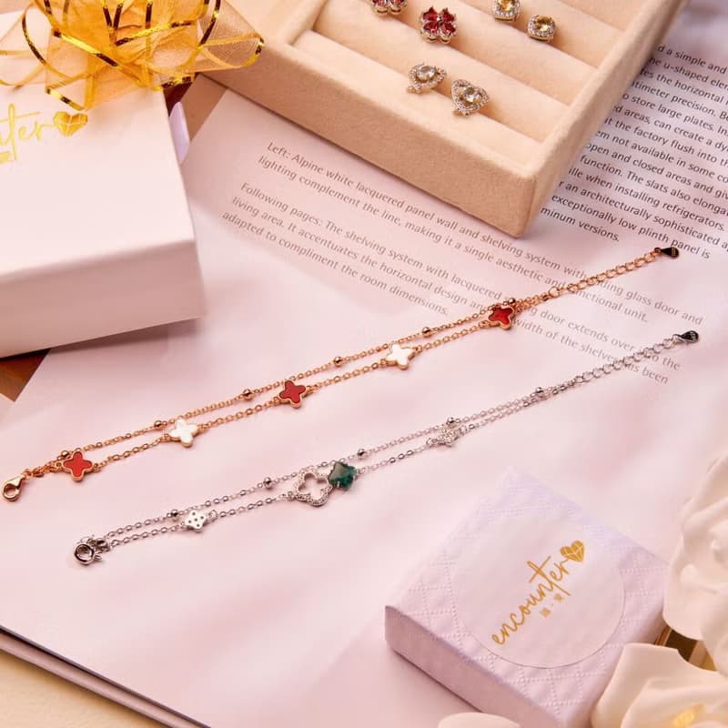 【925純銀】紅瑪瑙 貝母石 雙層四葉草 水晶手鍊