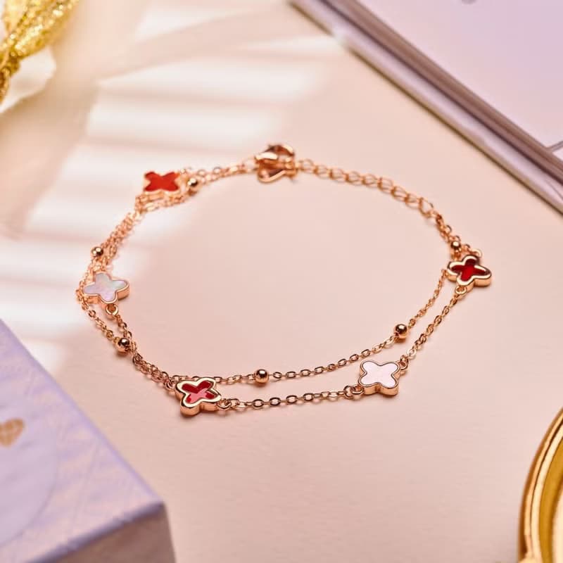 【925純銀】紅瑪瑙 貝母石 雙層四葉草 水晶手鍊