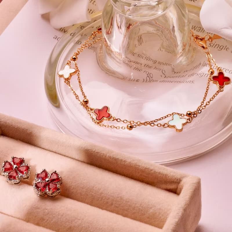 【925純銀】紅瑪瑙 貝母石 雙層四葉草 水晶手鍊