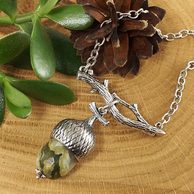 Olive Green Jasper Silver Acorn Branch Forest Woodland Necklace Jewelry Gift