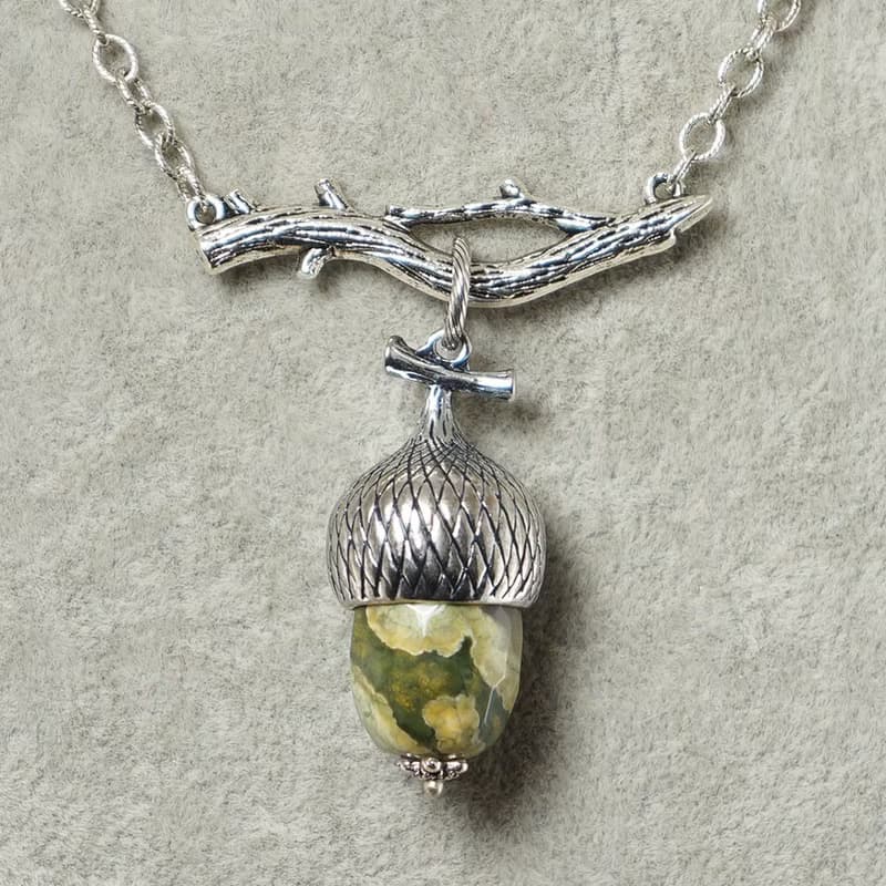 Olive Green Jasper Silver Acorn Branch Forest Woodland Necklace Jewelry Gift