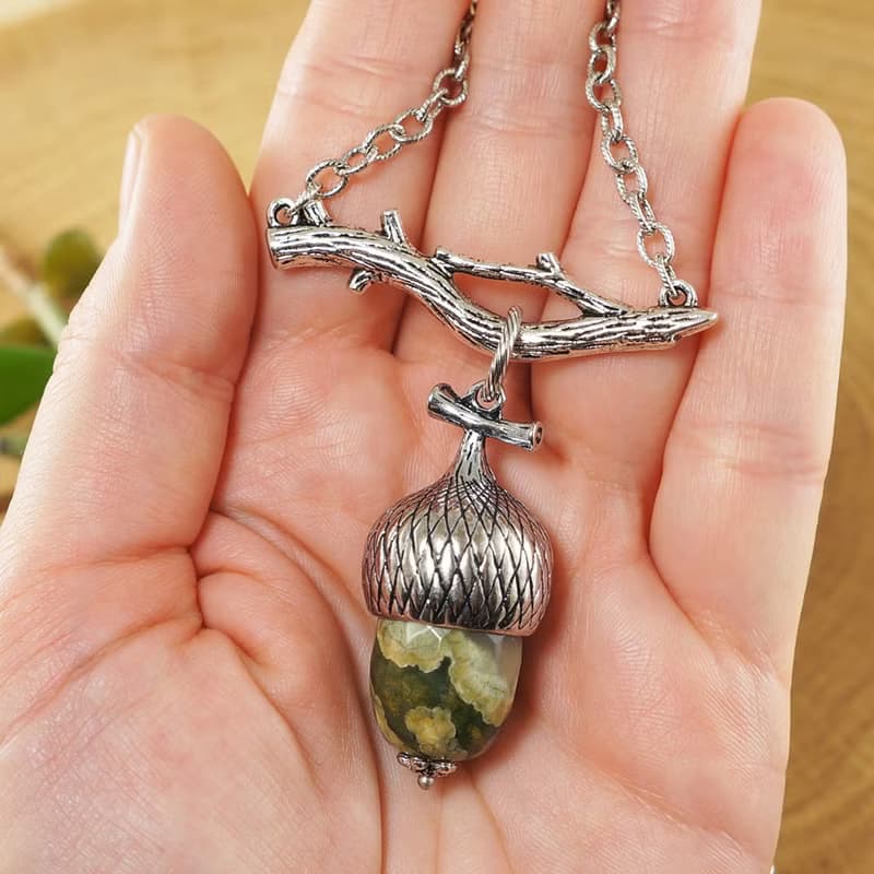 Olive Green Jasper Silver Acorn Branch Forest Woodland Necklace Jewelry Gift