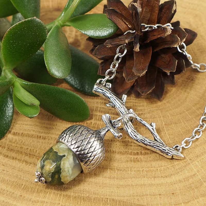 Olive Green Jasper Silver Acorn Branch Forest Woodland Necklace Jewelry Gift