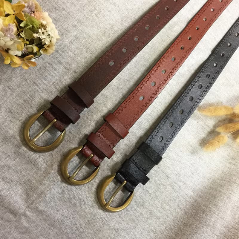 手工壓紋系列 復古銅色圓頭 真皮皮帶 腰帶 - 3 cm寬