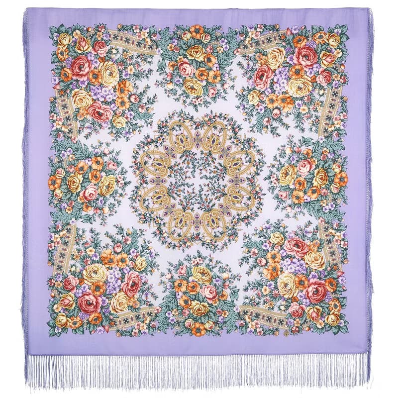 Pavlovo Posad Russian Shawl 100% Wool Scarf 125x125 cm Wrap Silk Fringe 1818-15