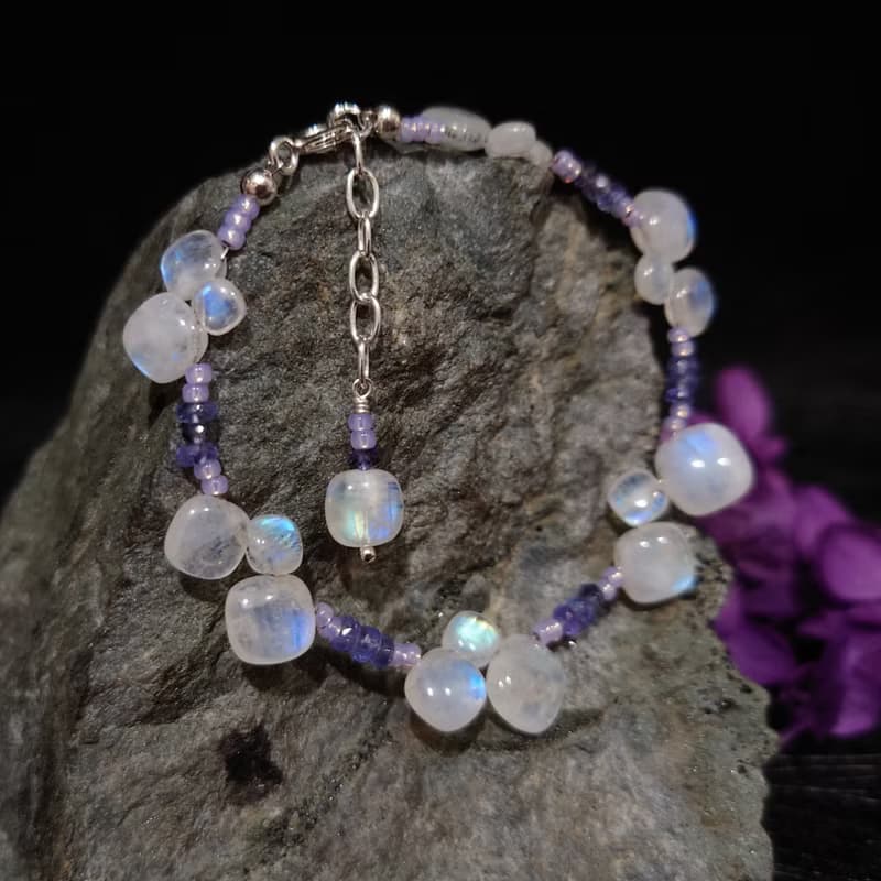 手鍊 天然方塊狀 藍光 月光石 丹泉石 淡紫色琉璃珠 手珠 925銀飾