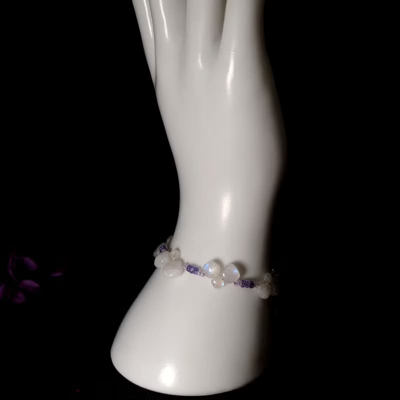 手鍊 天然方塊狀 藍光 月光石 丹泉石 淡紫色琉璃珠 手珠 925銀飾