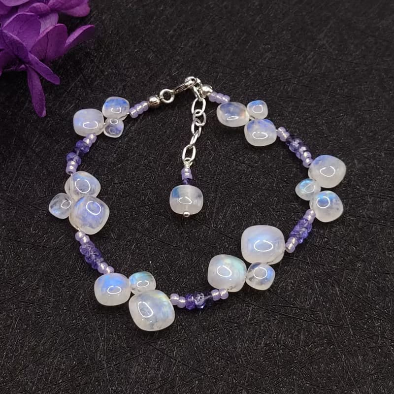 手鍊 天然方塊狀 藍光 月光石 丹泉石 淡紫色琉璃珠 手珠 925銀飾