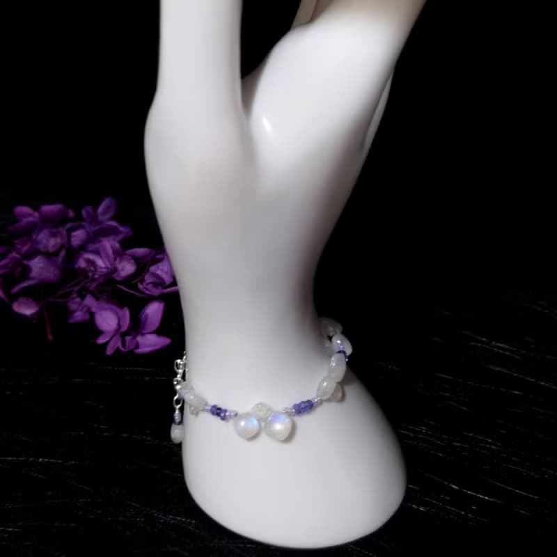 手鍊 天然方塊狀 藍光 月光石 丹泉石 淡紫色琉璃珠 手珠 925銀飾