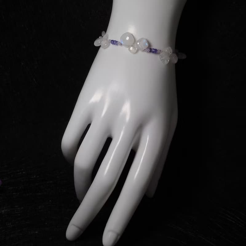 手鍊 天然方塊狀 藍光 月光石 丹泉石 淡紫色琉璃珠 手珠 925銀飾