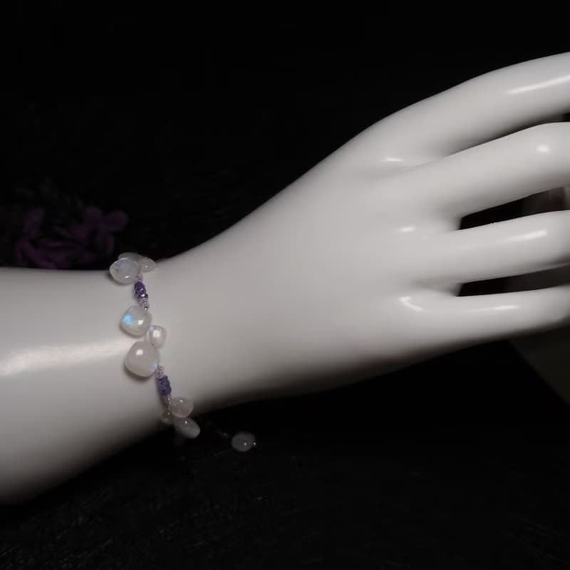 手鍊 天然方塊狀 藍光 月光石 丹泉石 淡紫色琉璃珠 手珠 925銀飾