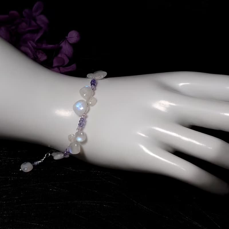 手鍊 天然方塊狀 藍光 月光石 丹泉石 淡紫色琉璃珠 手珠 925銀飾