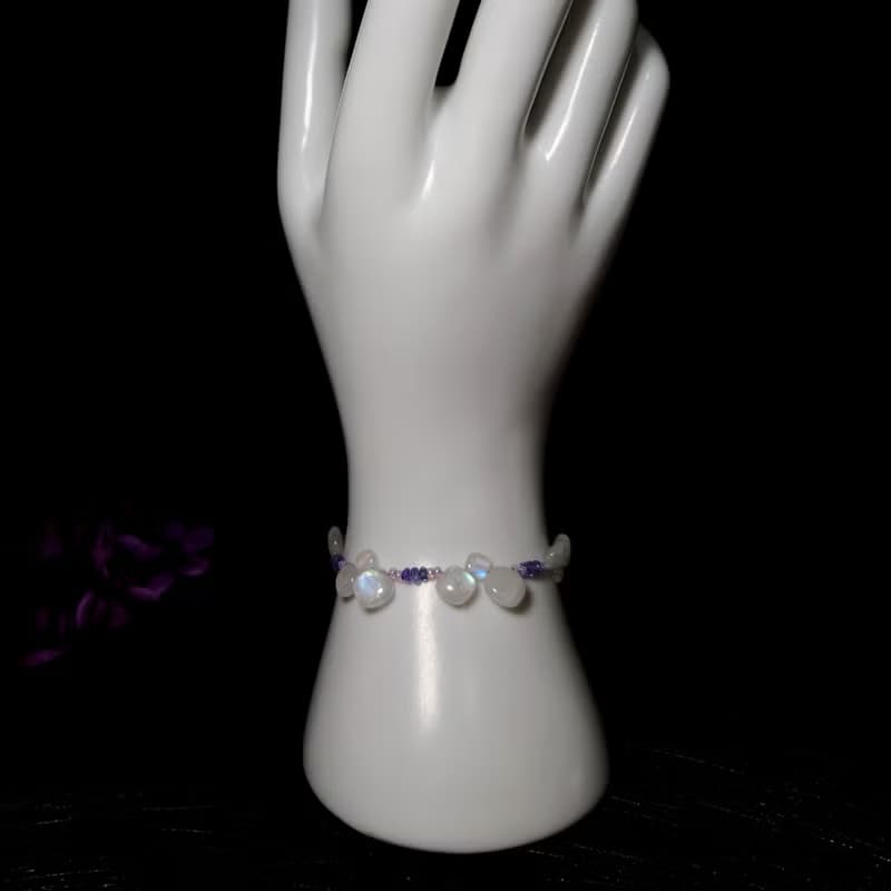 手鍊 天然方塊狀 藍光 月光石 丹泉石 淡紫色琉璃珠 手珠 925銀飾