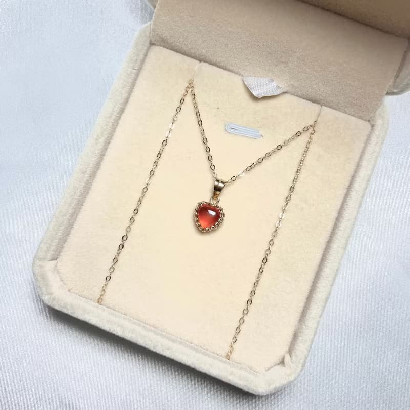 石榴石項鍊 心形弧面石榴石愛心吊墜生辰石項鍊14k包金鎖骨鏈
