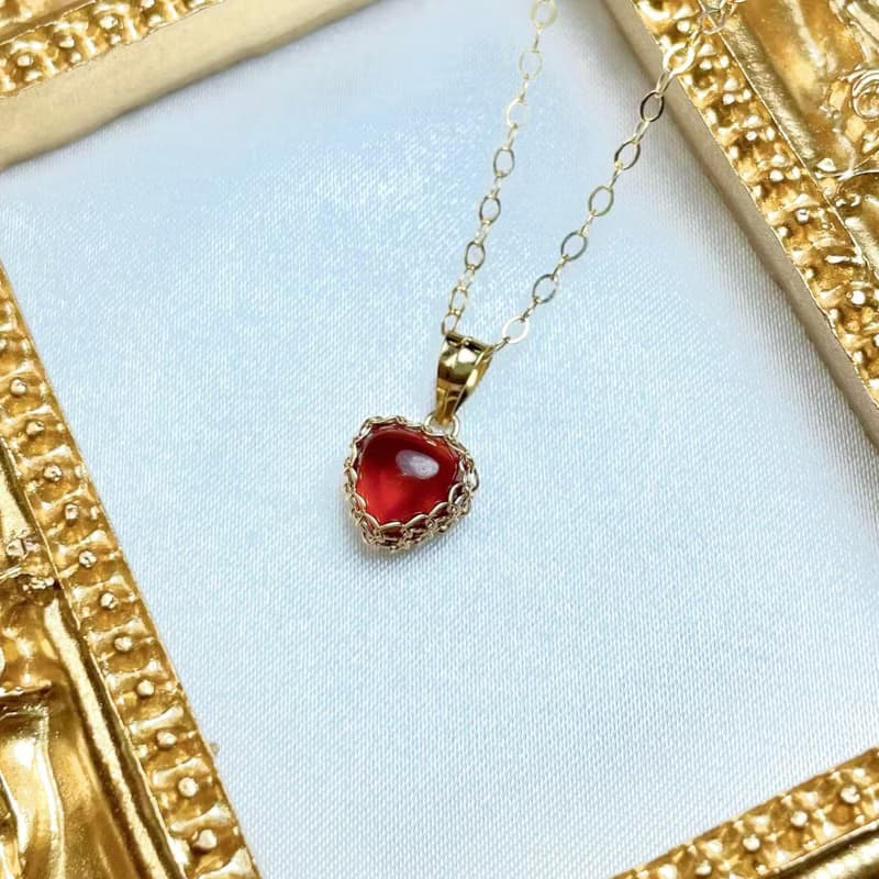 石榴石項鍊 心形弧面石榴石愛心吊墜生辰石項鍊14k包金鎖骨鏈