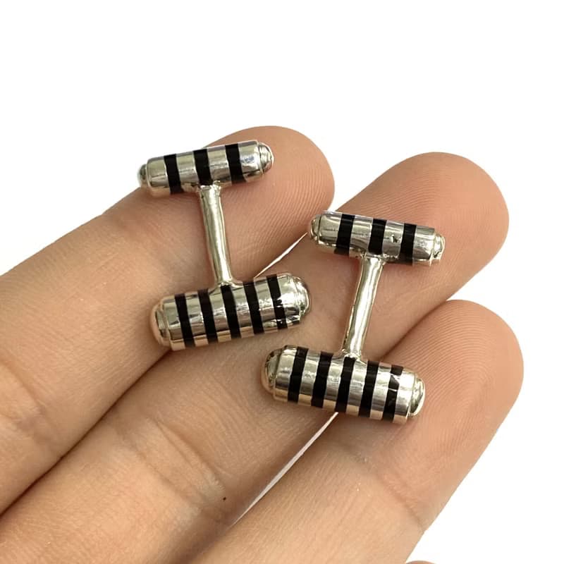 Art Deco Style Black Enamel Cufflinks 925 Sterling Silver Mens Fathers Day Gift