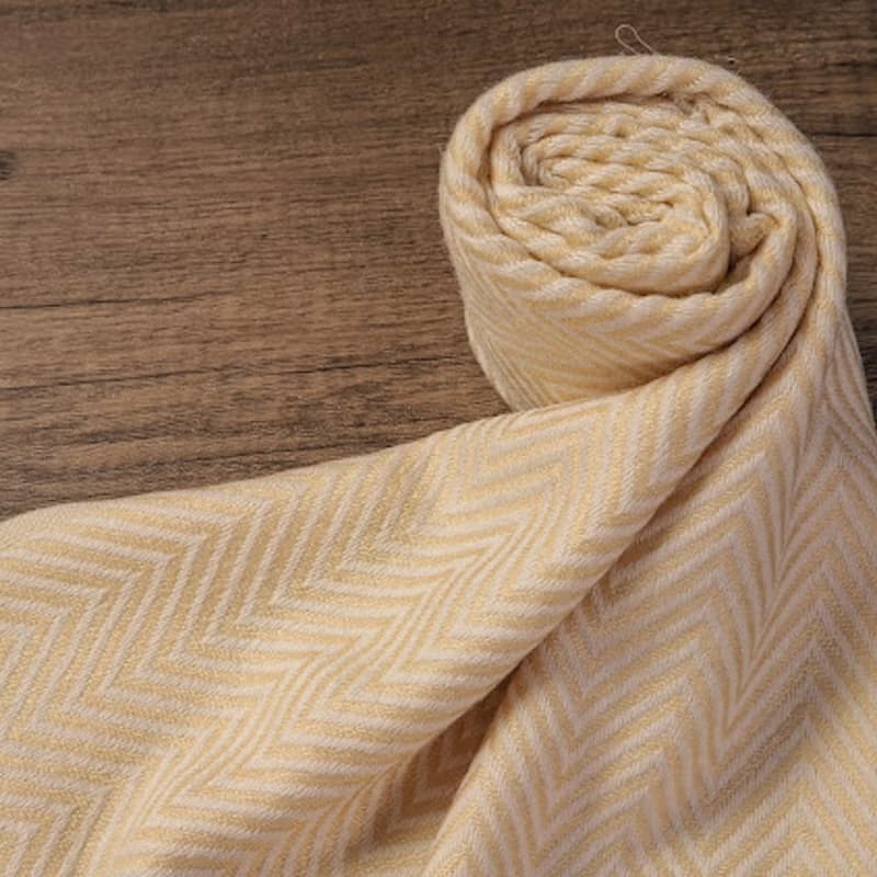 【窄版】喀什米爾羊毛圍巾 香檳色山形紋 脖圍 手工編織 男女可